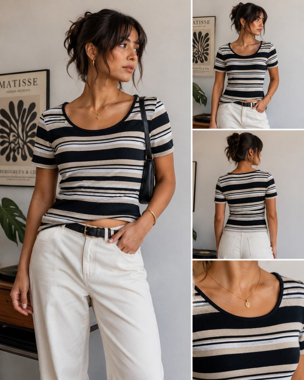 Vintage Units USA Rib Knit Striped Top Women's Large Neutral Short Sleeve Y2K